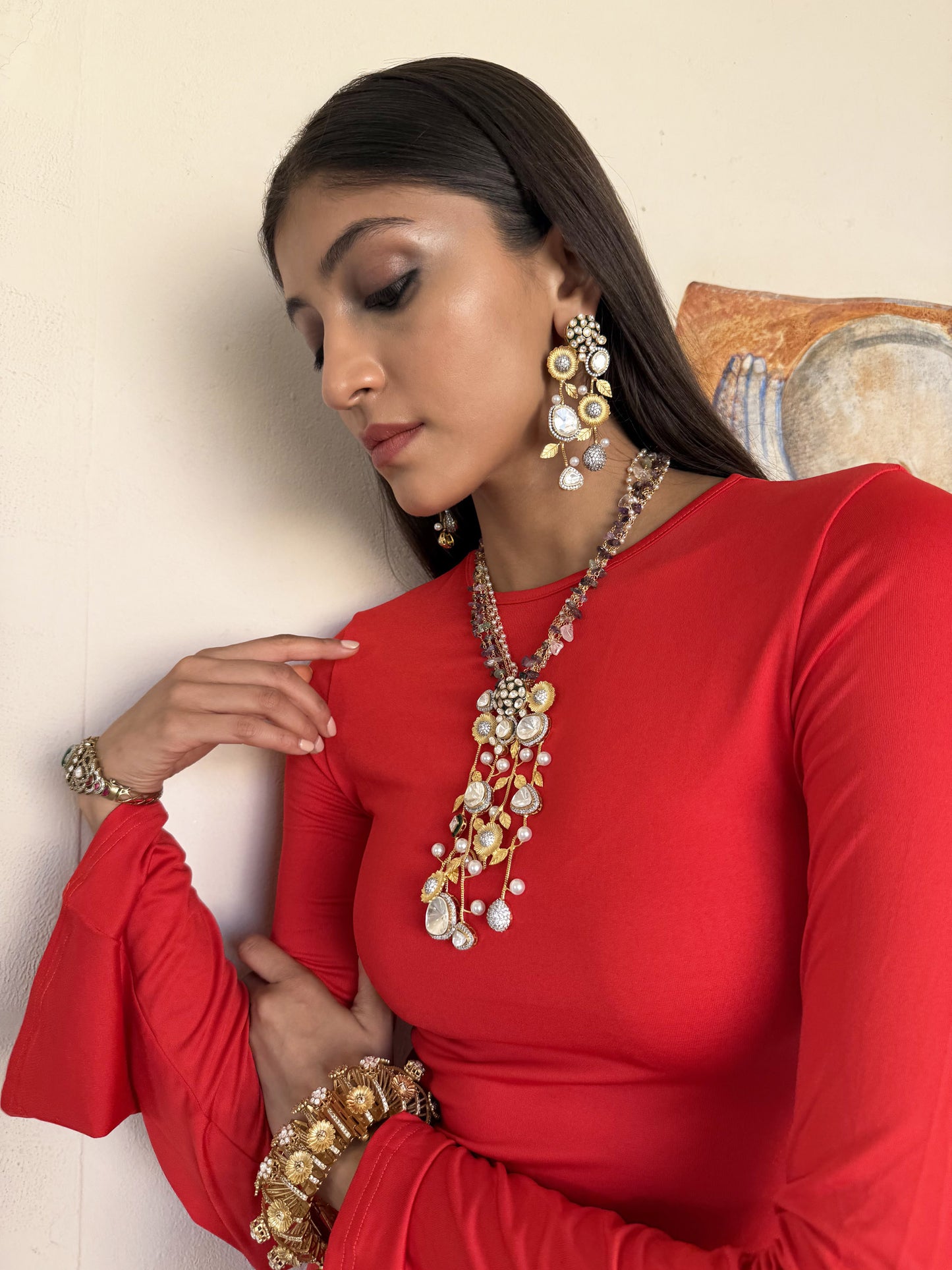 Shia Multicoloured SP Polki Necklace Set with Earrings