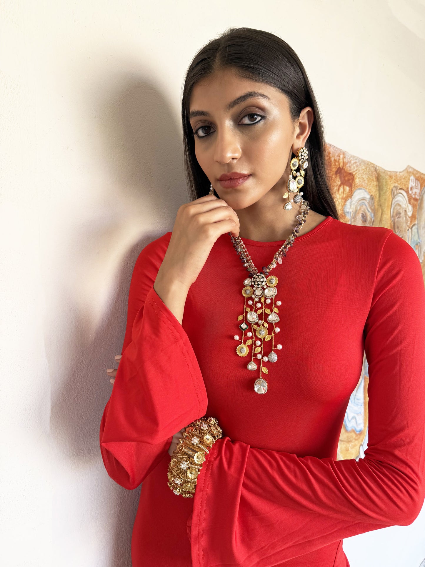 Shia Multicoloured SP Polki Necklace Set with Earrings