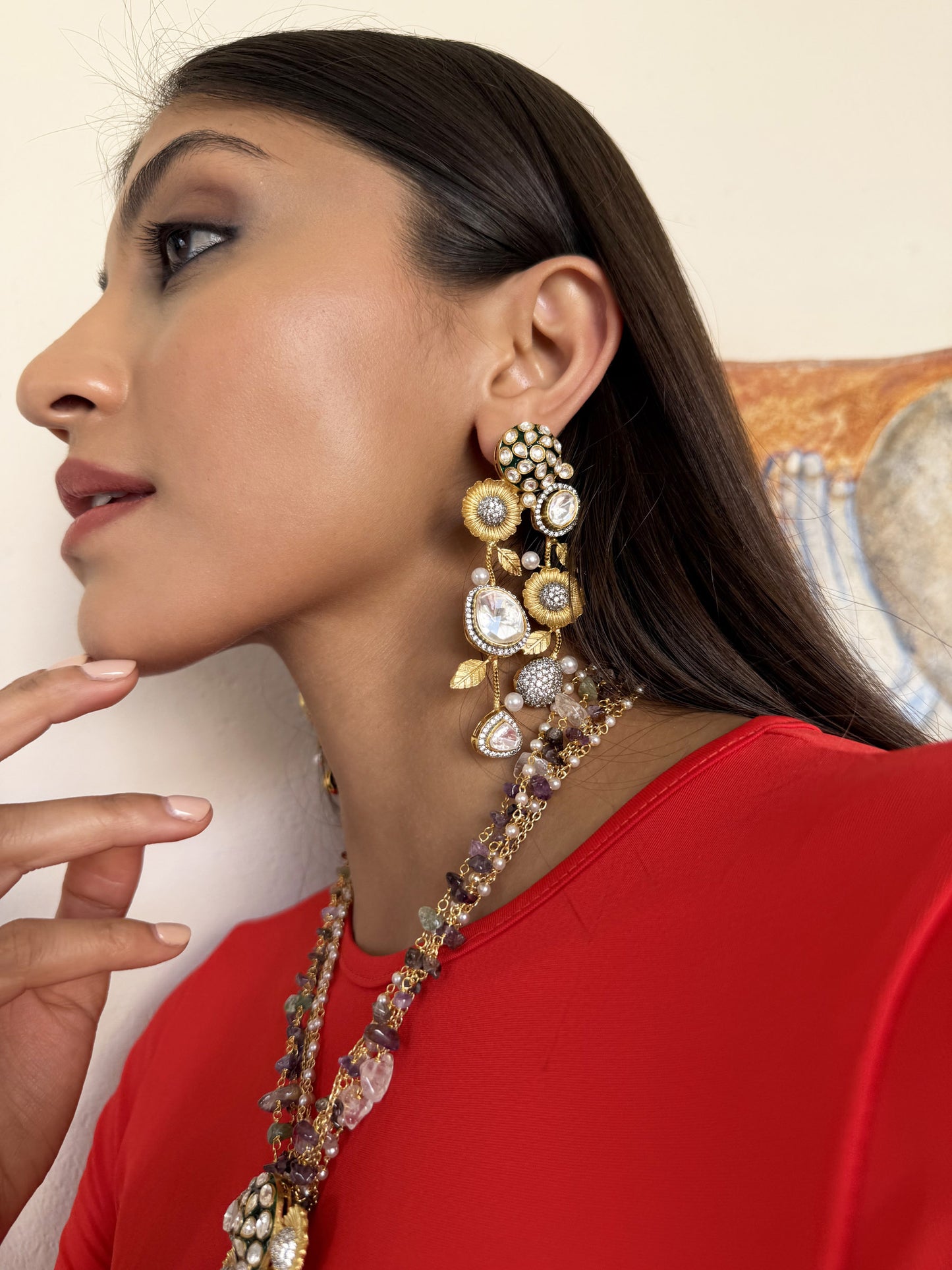 Shia Multicoloured SP Polki Necklace Set with Earrings