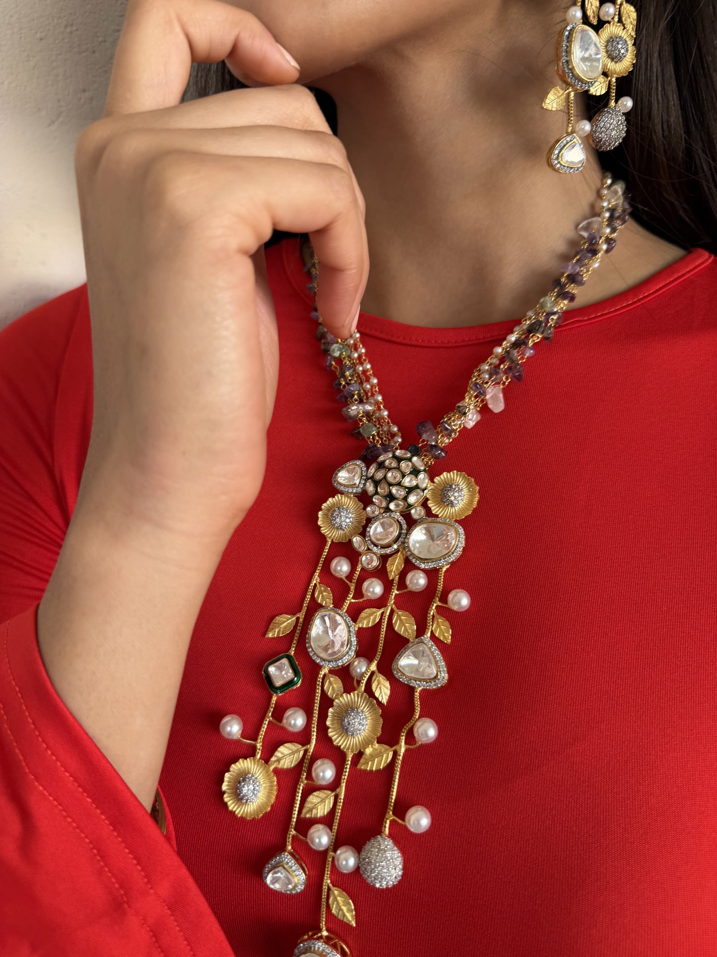 Shia Multicoloured SP Polki Necklace Set with Earrings