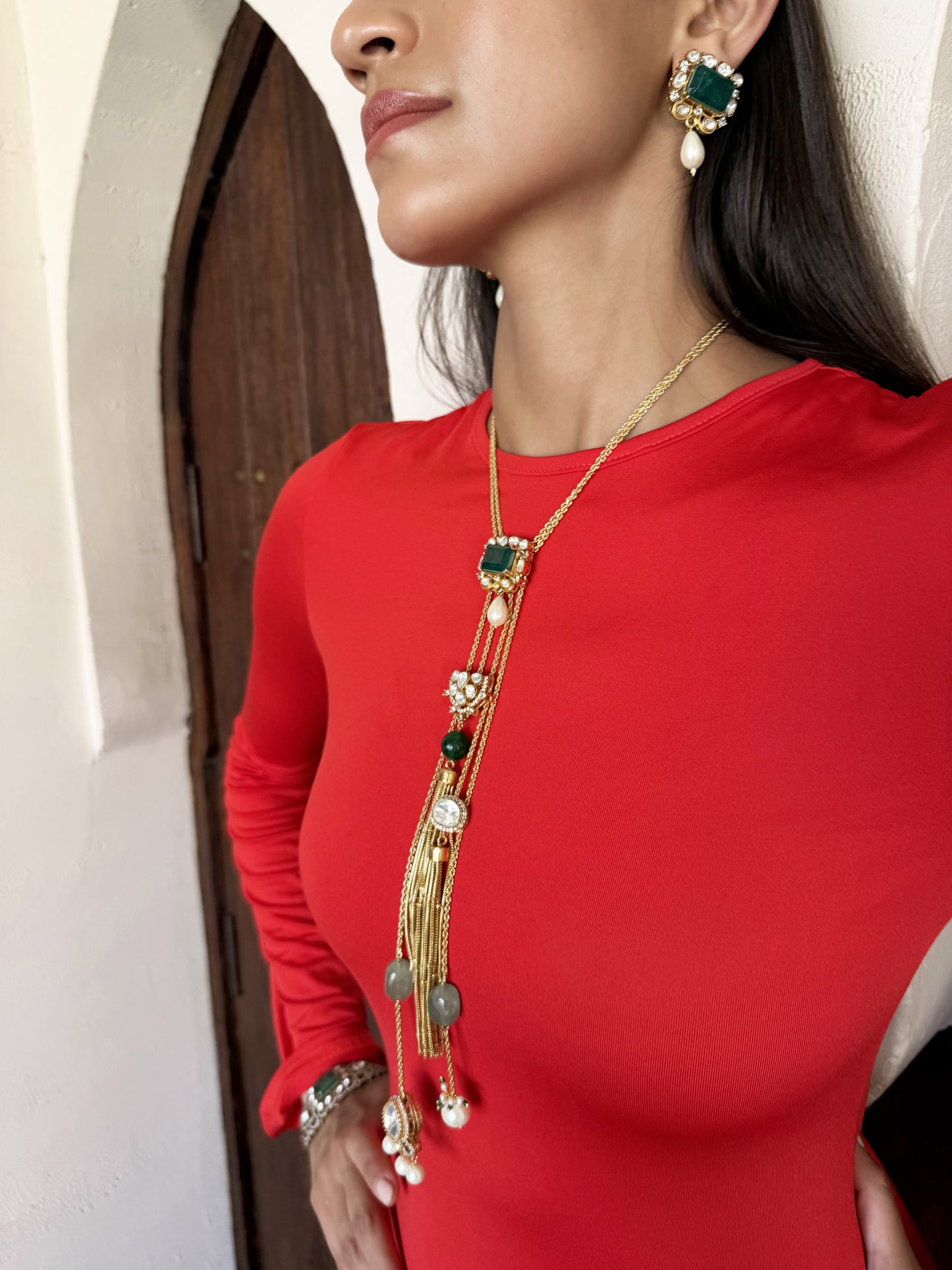 Reet Emerald Green Pendant SP Necklace Set with Earrings