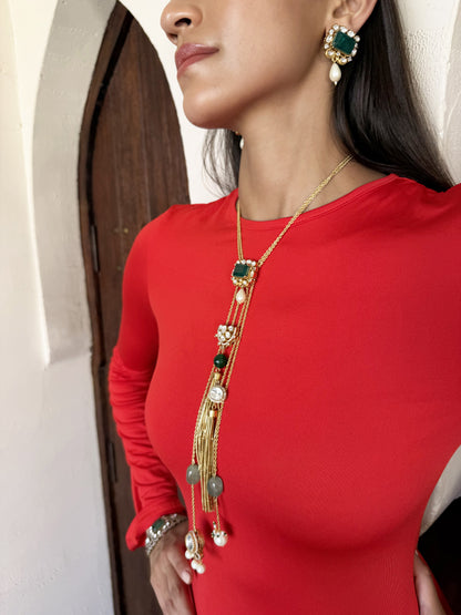 Reet Emerald Green Pendant SP Necklace Set with Earrings