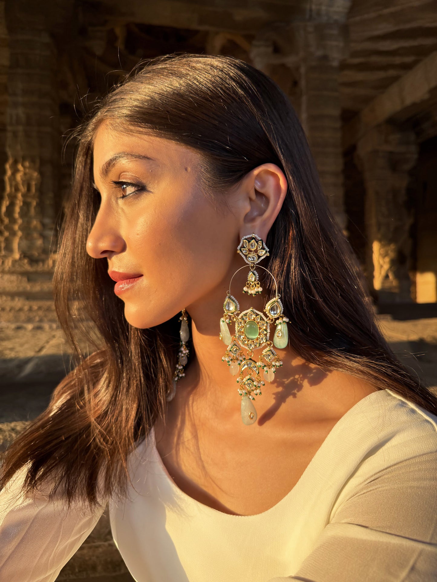 Lekisha Floral Emerald Green & White SP Polki Earrings