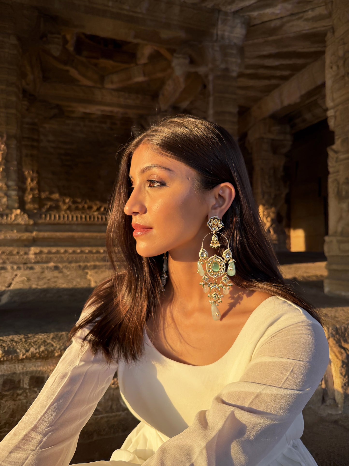Lekisha Floral Emerald Green & White SP Polki Earrings