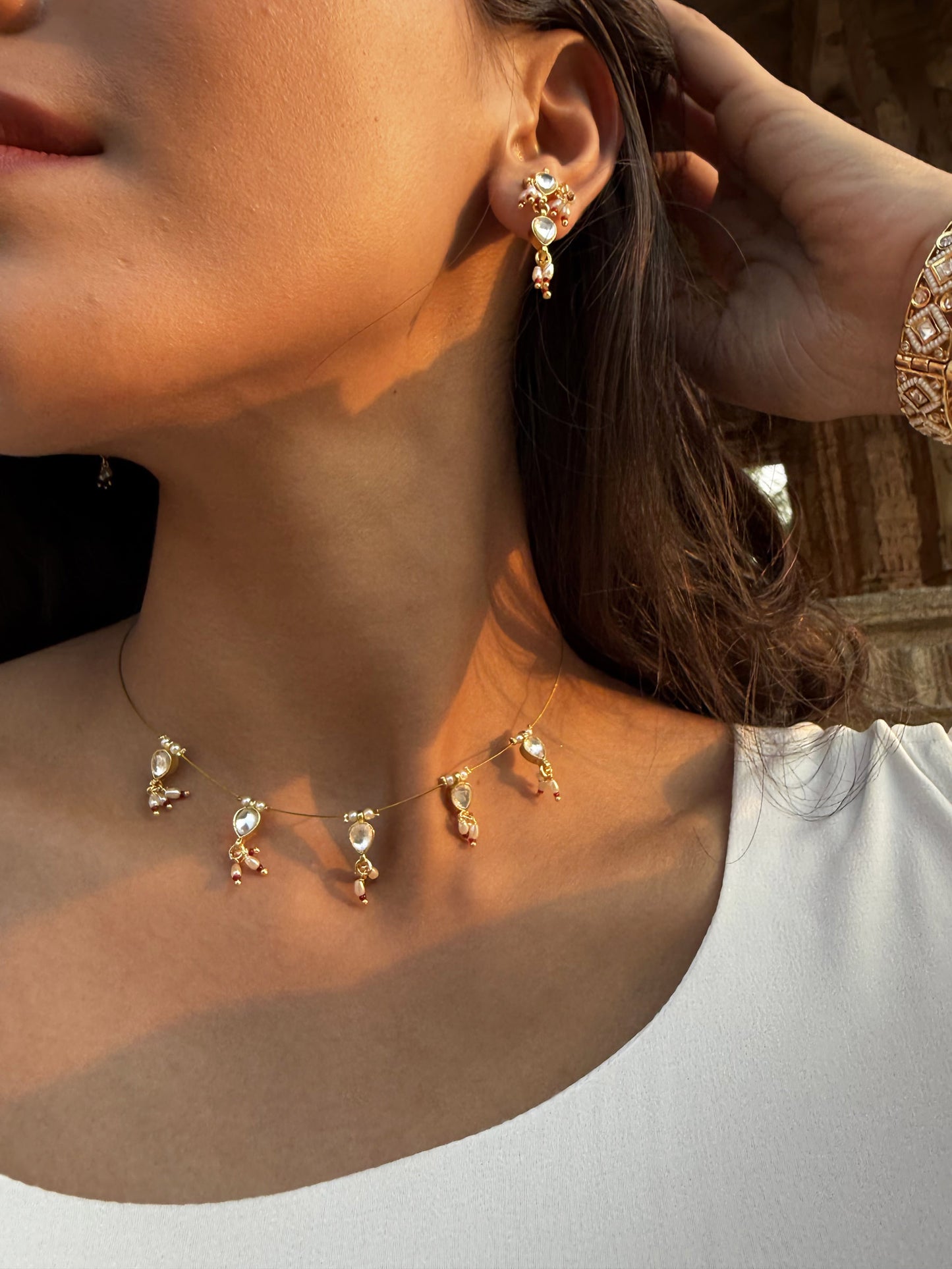 Chandratha White Pearl SP Polki Necklace Set