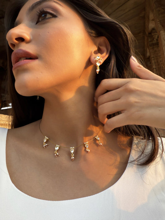 Chandratha White Pearl SP Polki Necklace Set