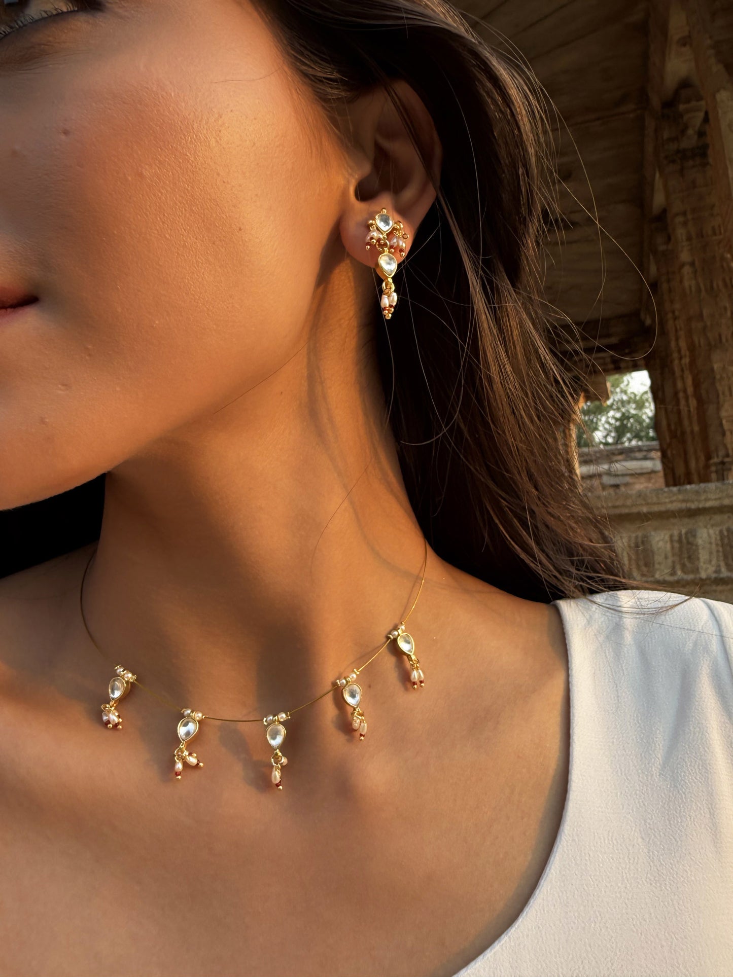 Chandratha White Pearl SP Polki Necklace Set