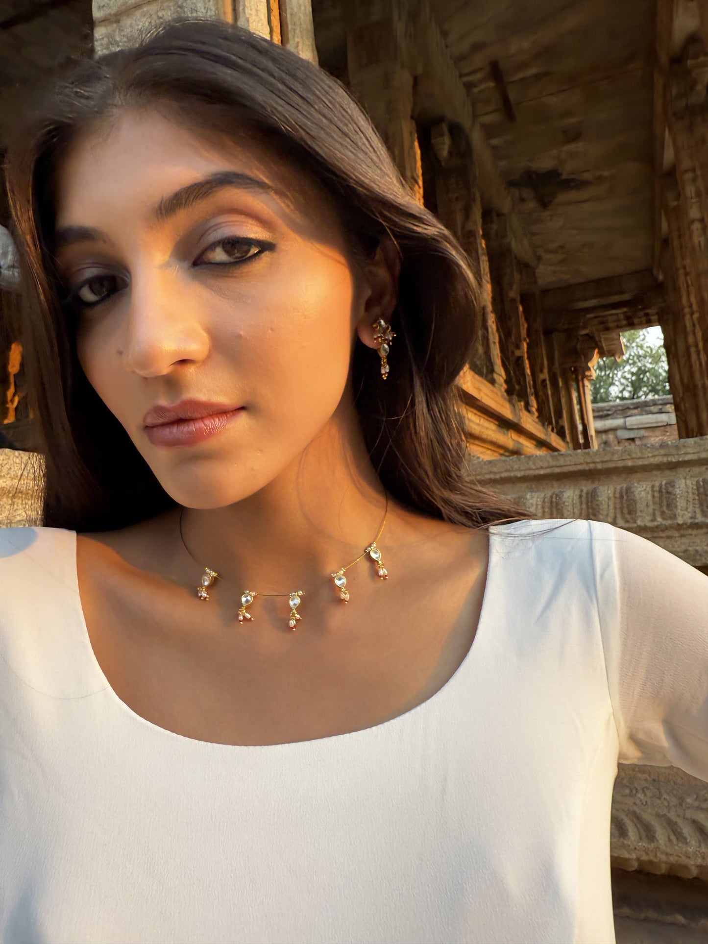 Chandratha White Pearl SP Polki Necklace Set