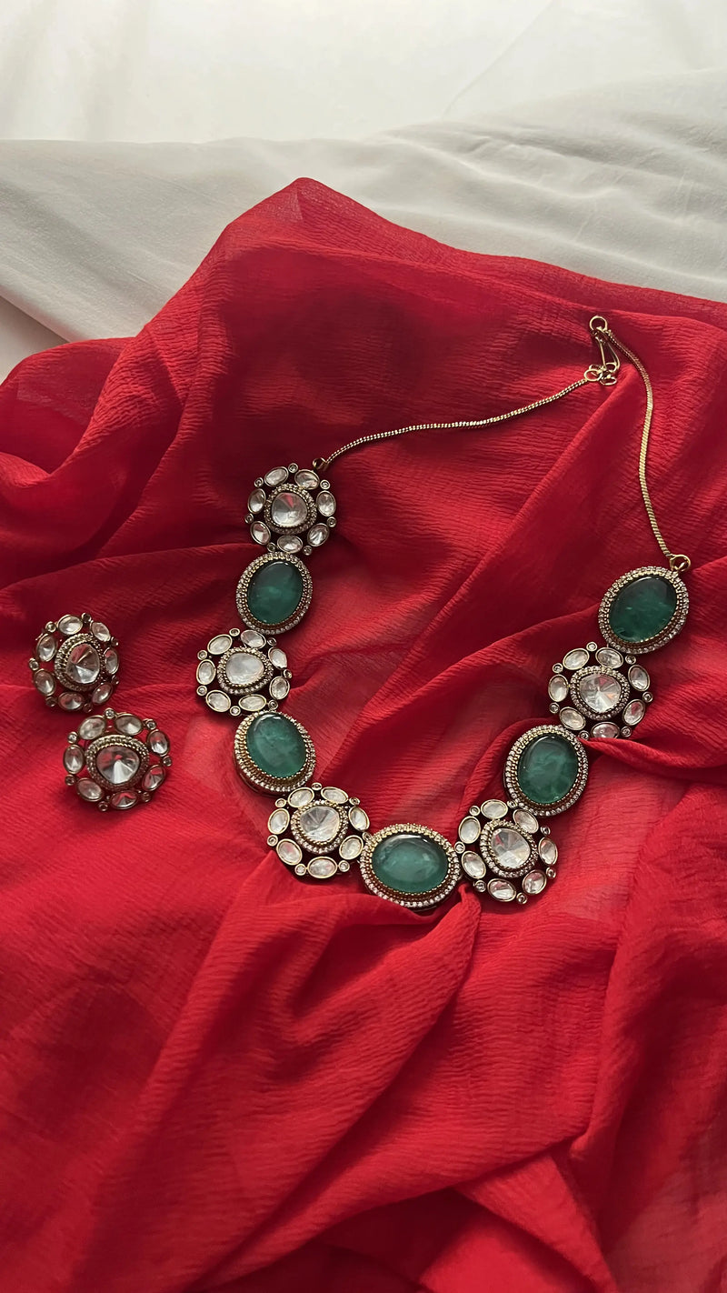 LAILA FAUX POLKI NECKLACE WITH SEMI PRECIOUS GREEN STONE AND HEAVY EARRINGS