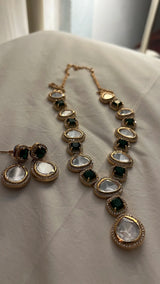 MALLIKA SINGLE LINE POLKI NECKLACE SET WITH GREEN MEENA WORK AND EARRINGS