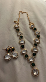 MALLIKA SINGLE LINE POLKI NECKLACE SET WITH GREEN MEENA WORK AND EARRINGS