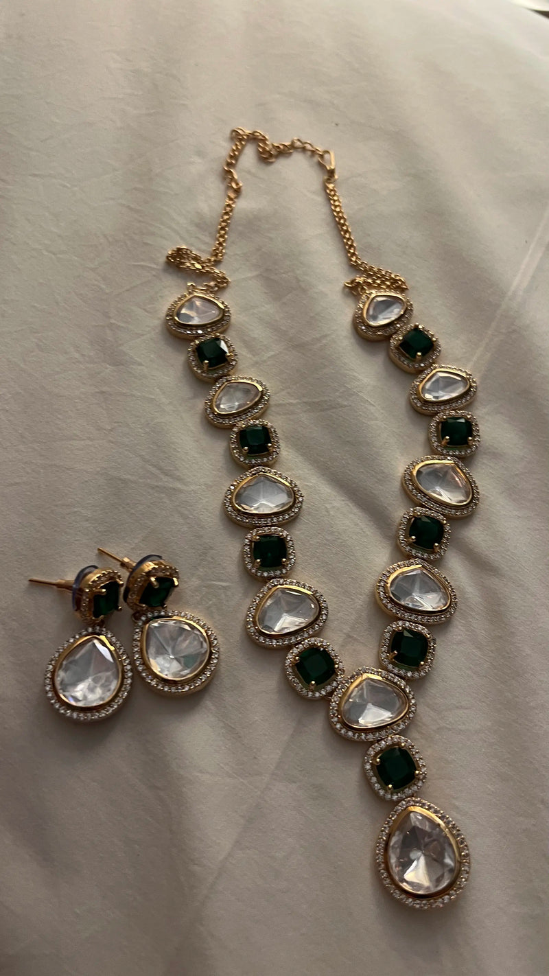 Polki necklace set with green meenakari work