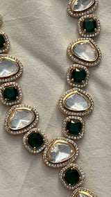 MALLIKA SINGLE LINE POLKI NECKLACE SET WITH GREEN MEENA WORK AND EARRINGS