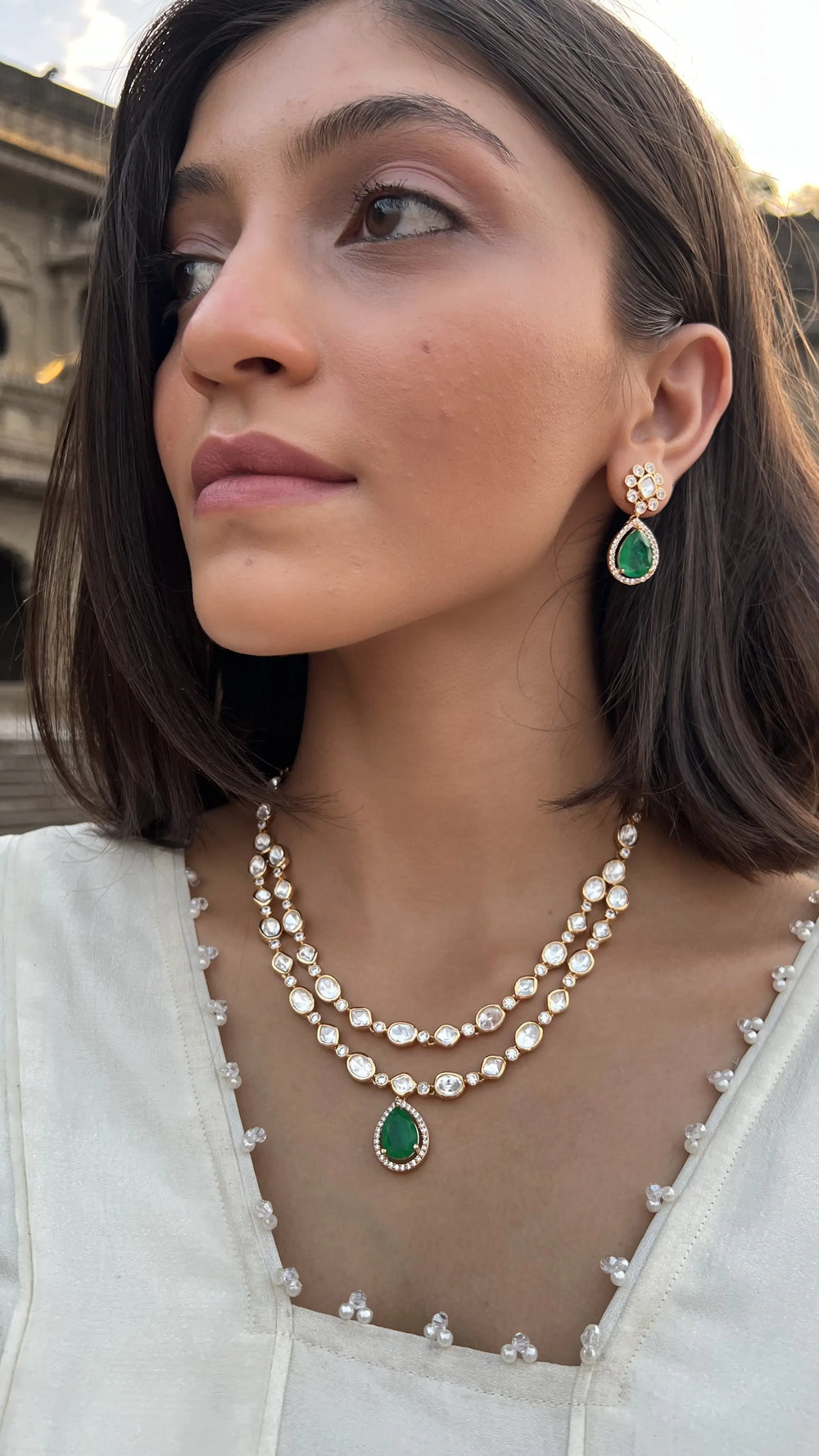 Double-Line Polki Green Stone Necklace and Earrings