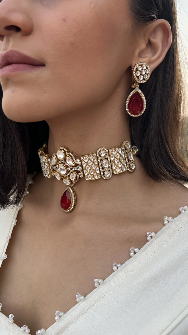 AASHVI BRIDAL FAUX POLKI DOUBLE LAYER NECKLACE WITH SEMI PRECIOUS RUBY STONE AND HEAVY EARRINGS