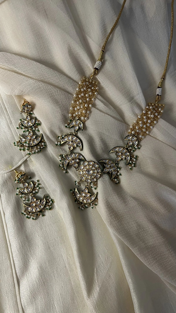 MIRAYA SEMI PRECIOUS GREEN STONES AND FAUX POLKI WITH PEARLS NECKLACE SET