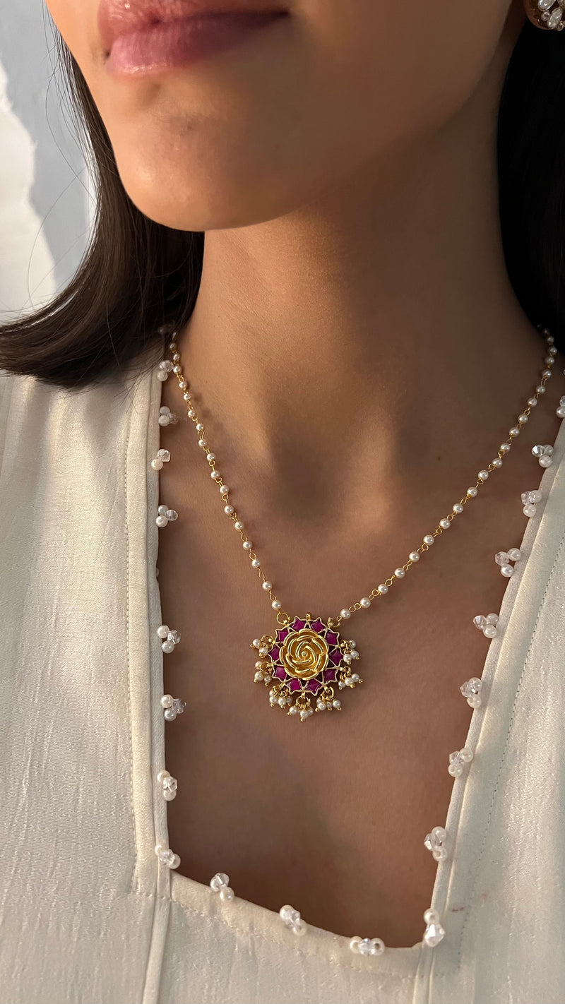 ROHINI ROSE SHAPED POLKI WITH SEMI-PRECIOUS STONE WITH BASRA MOTI