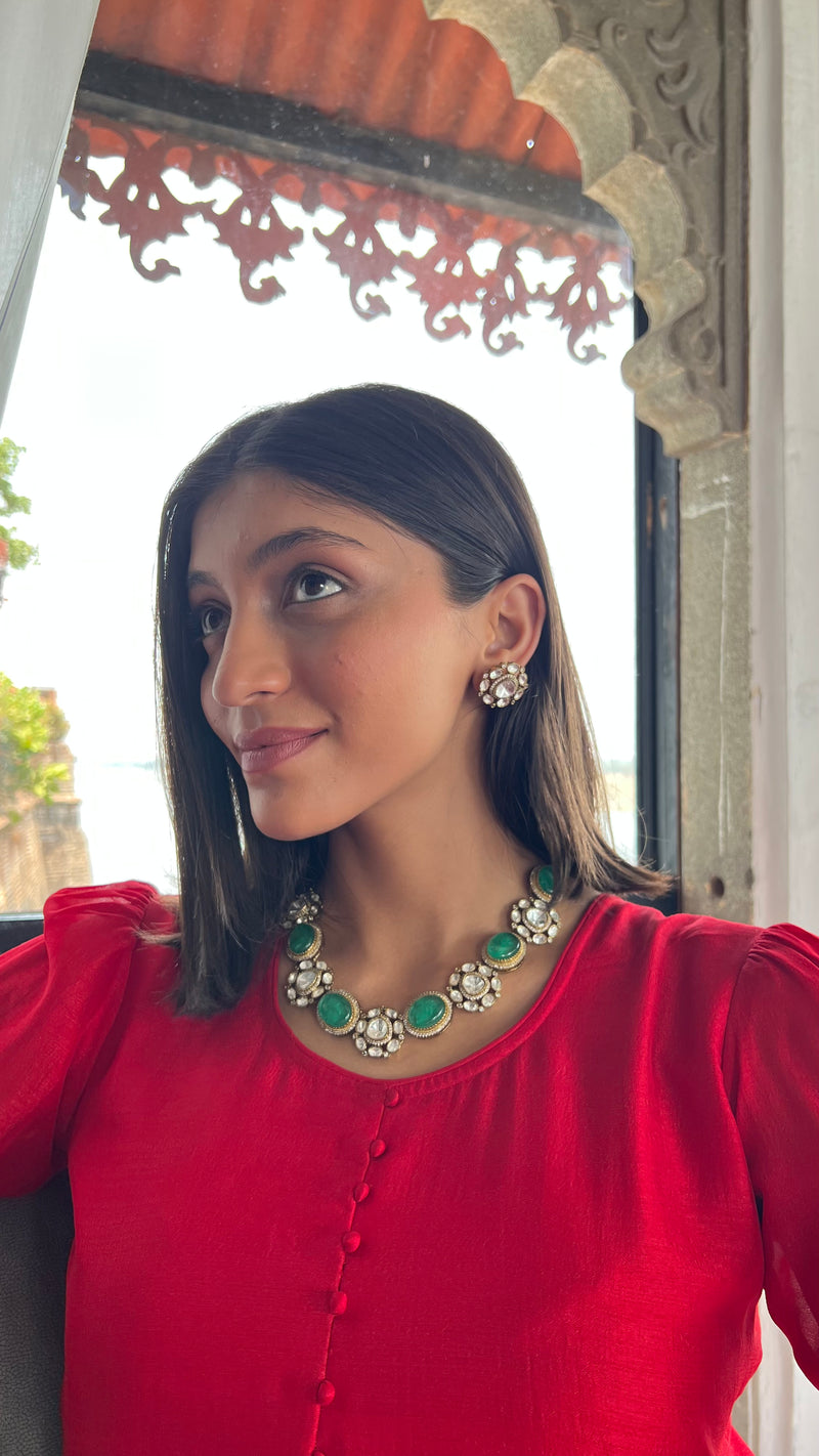 LAILA FAUX POLKI NECKLACE WITH SEMI PRECIOUS GREEN STONE AND HEAVY EARRINGS