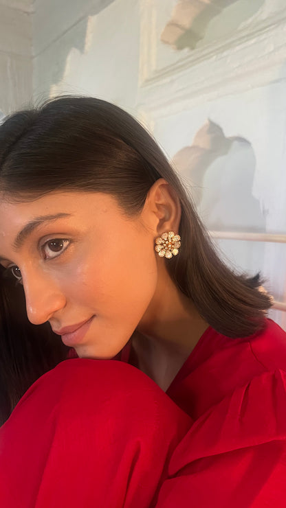 MAHI FLOWER WHITE POLKI EARRINGS