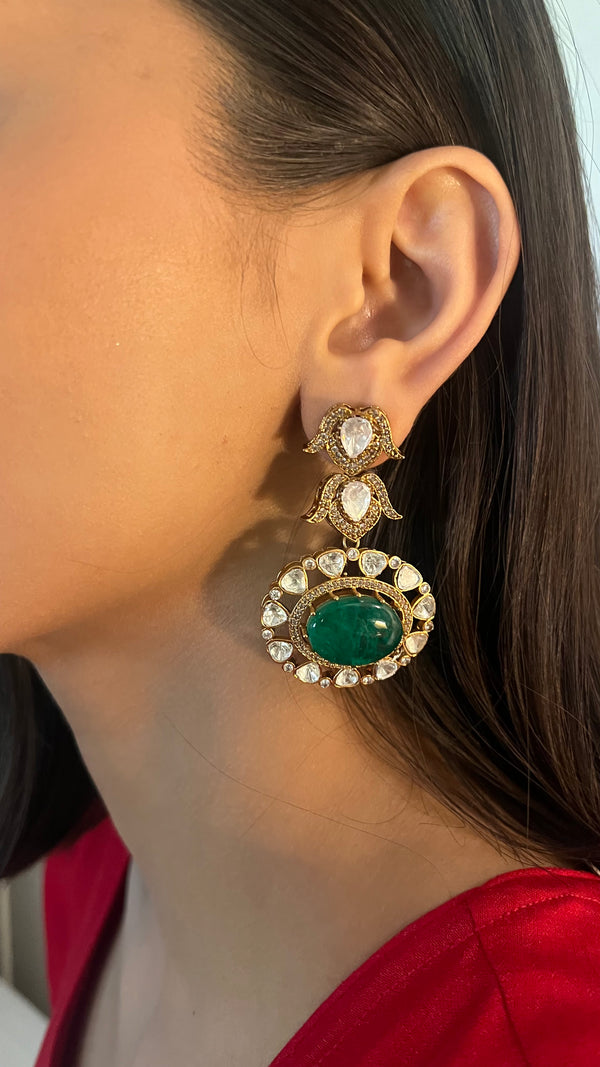 PARUL COCKTAIL REAL MOISSANITE EARRINGS WITH BIG SEMI-PRECIOUS GREEN STONE