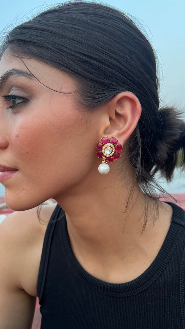 SUHANI ROSE FLOWER POLKI WITH SINGLE MOTI EARRINGS