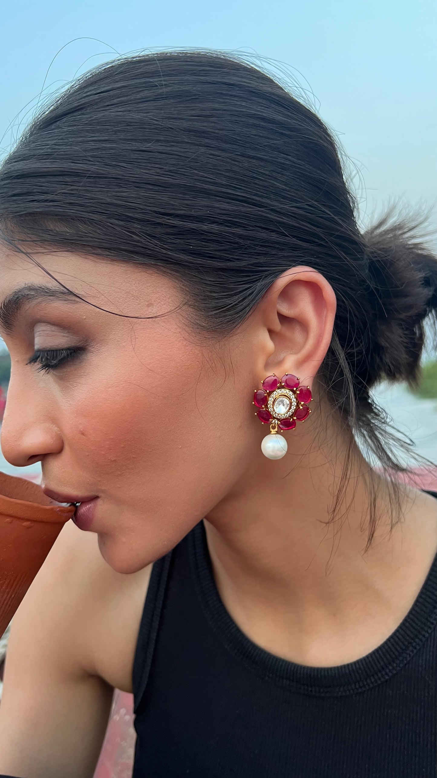 SUHANI ROSE FLOWER POLKI WITH SINGLE MOTI EARRINGS