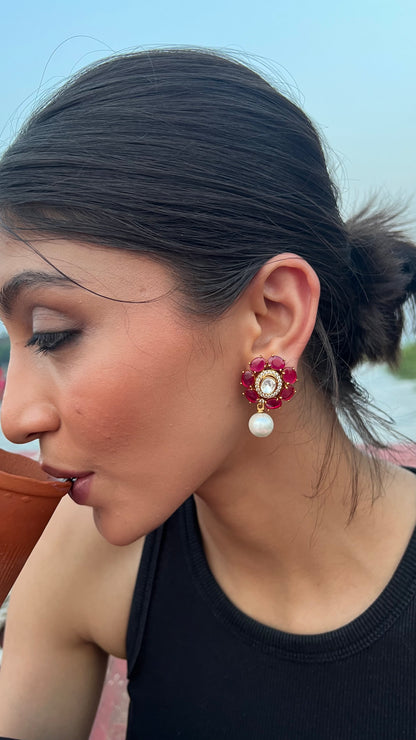 SUHANI ROSE FLOWER POLKI WITH SINGLE MOTI EARRINGS