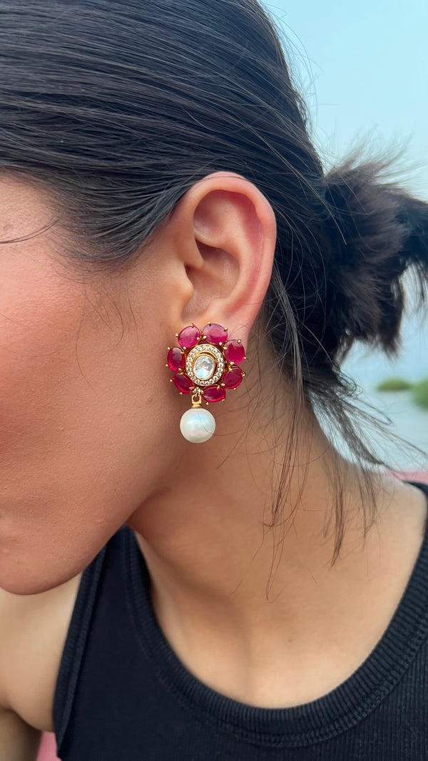 SUHANI ROSE FLOWER POLKI WITH SINGLE MOTI EARRINGS