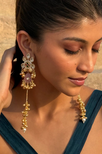 Pushp Varsha Floral Polki Pearl Chandelier Earrings