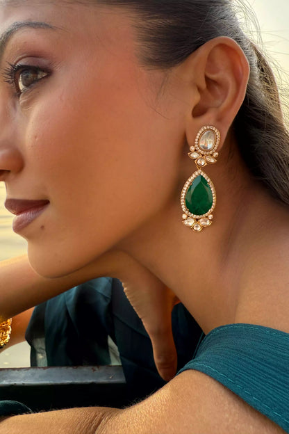 Ananya Green Stone Polki Earrings With Semi-Precious Stone And Basra Moti