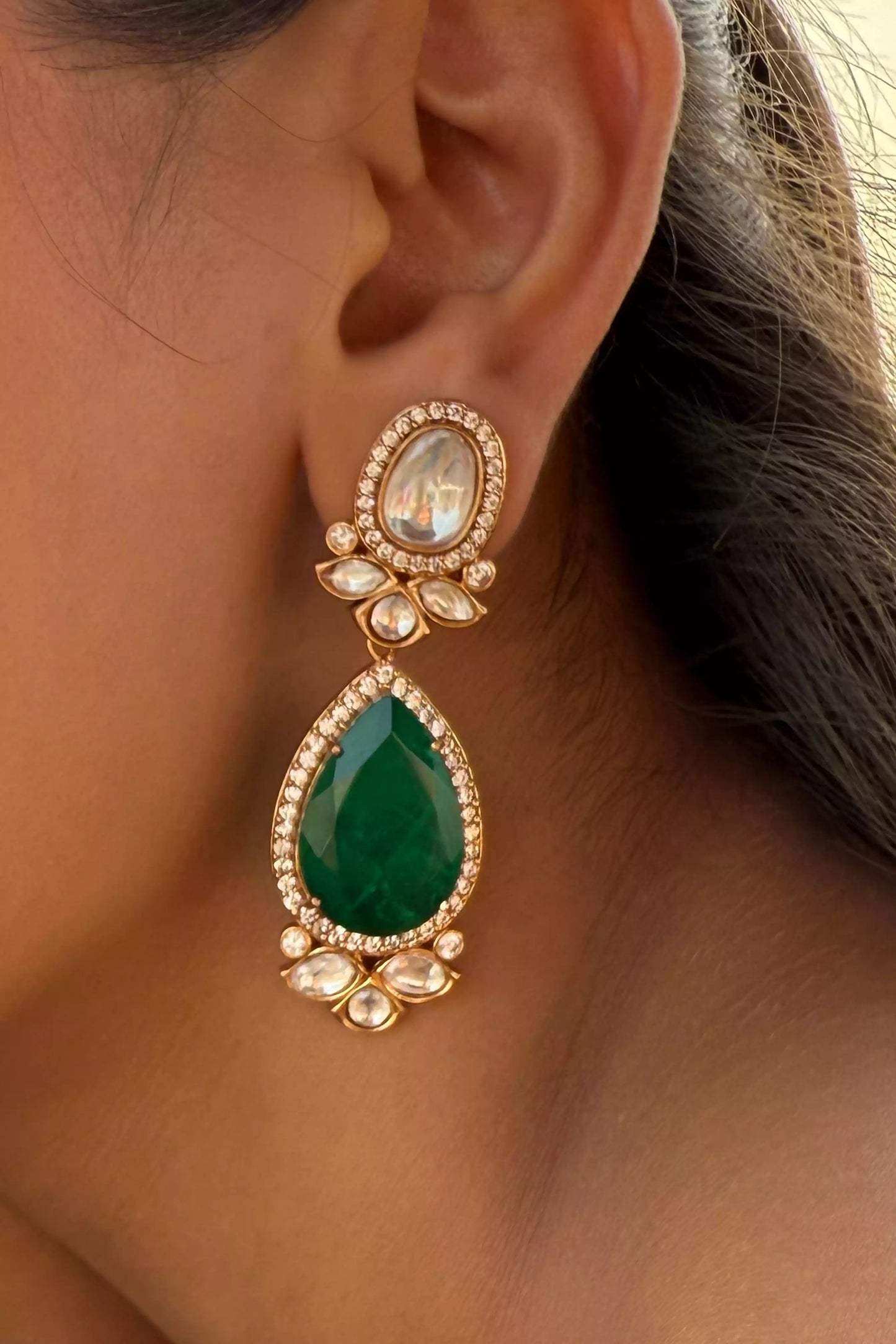 Ananya Green Stone Polki Earrings With Semi-Precious Stone And Basra Moti