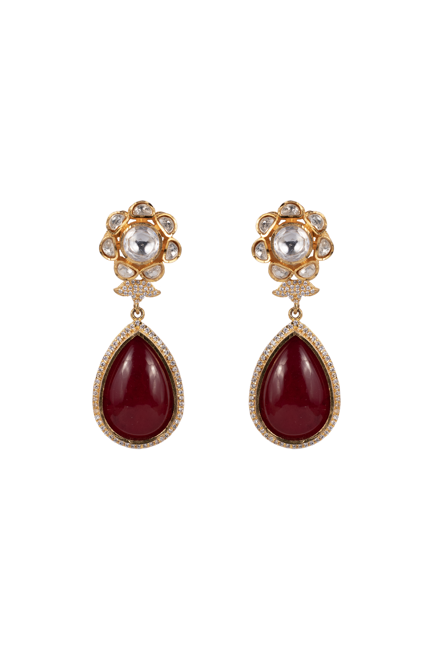 ISHA RED FLOWER POLKI DROP EARRINGS