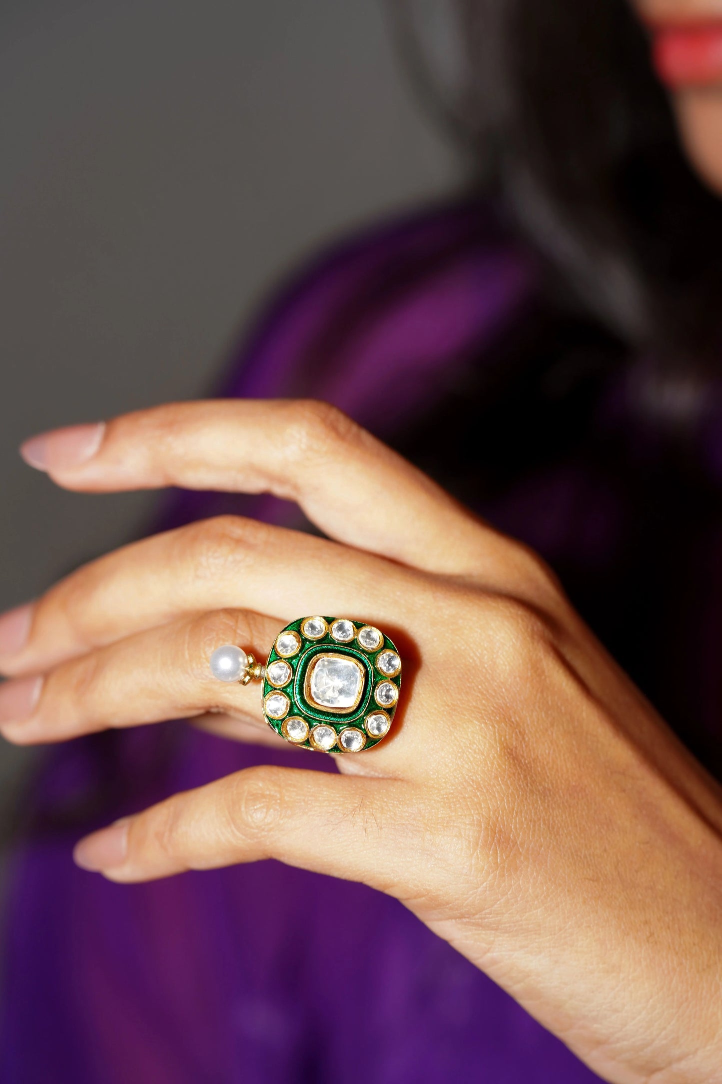 Khushboo Polki Enamel Pearl Drop Ring