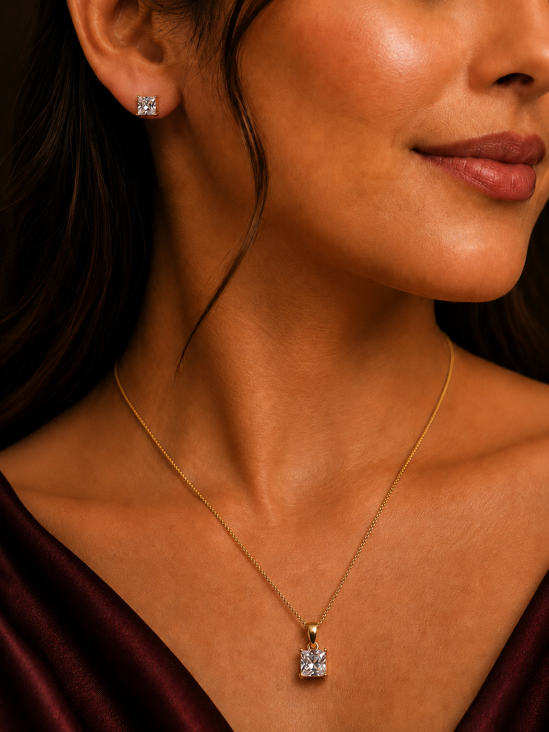 Single Diamond Radiant Solitaire Pendant Set with Earrings Gift Box