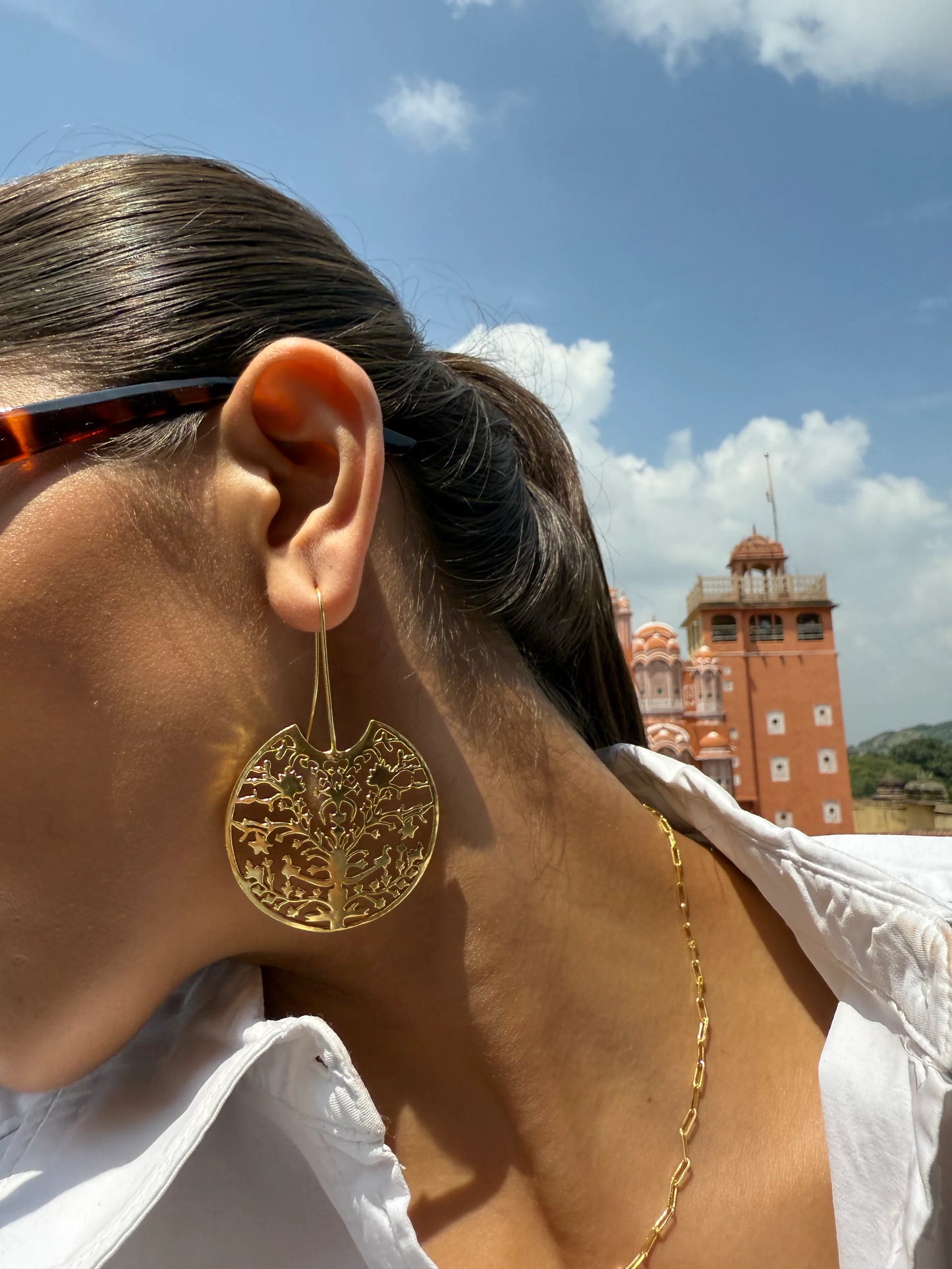 Close-up side profile of woman with gold earrings and white shirt in sunny outdoor location
