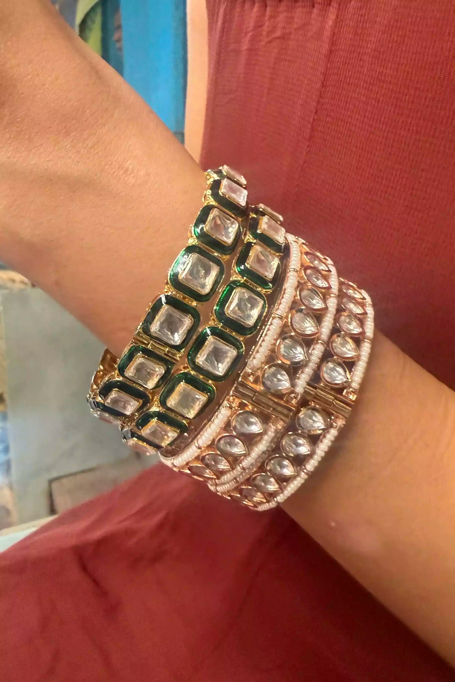 Hethvi Emerald Kundan Meenakari Statement Bangle