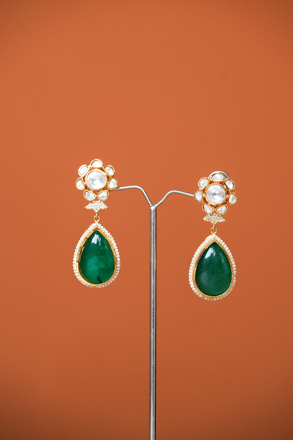 green flower polki earrings