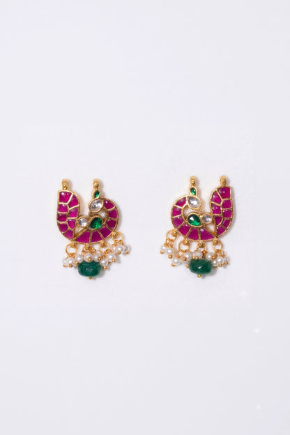 Bhagavati Mor Shaped Polki With Semi-precious Stone With Basra Moti