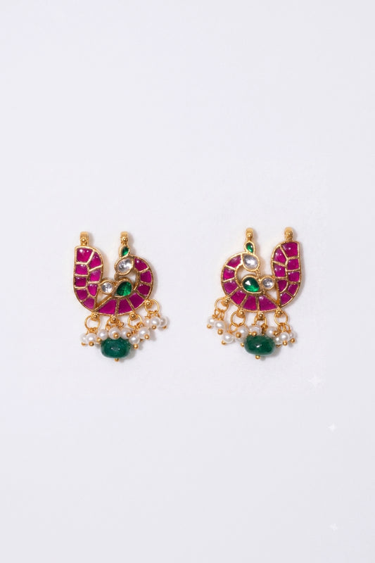 Bhagavati Mor Shaped Polki With Semi-precious Stone With Basra Moti