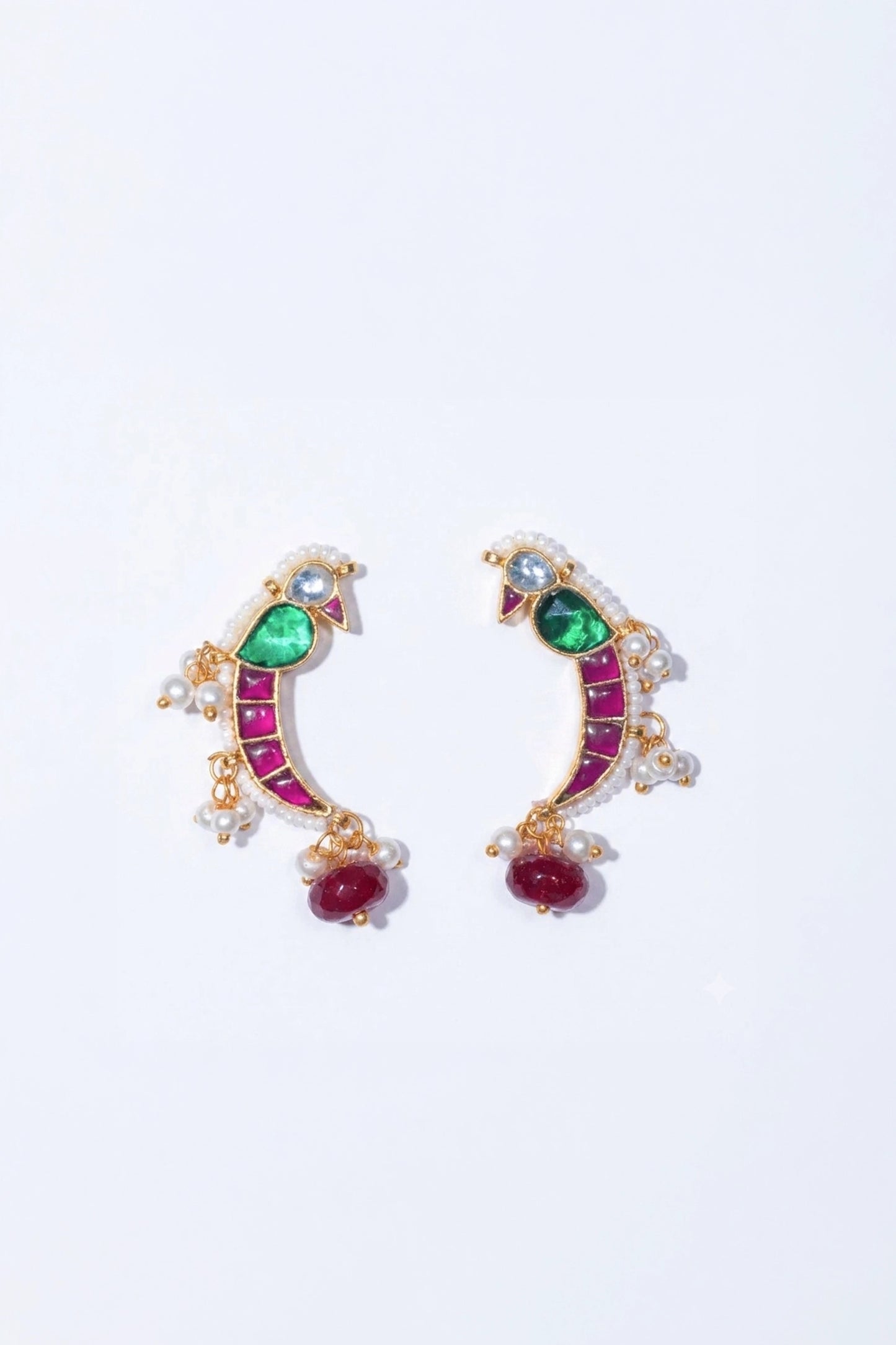 Gaurangi Mayna Red Shaped Polki With Semi-precious Stone With Basra Moti