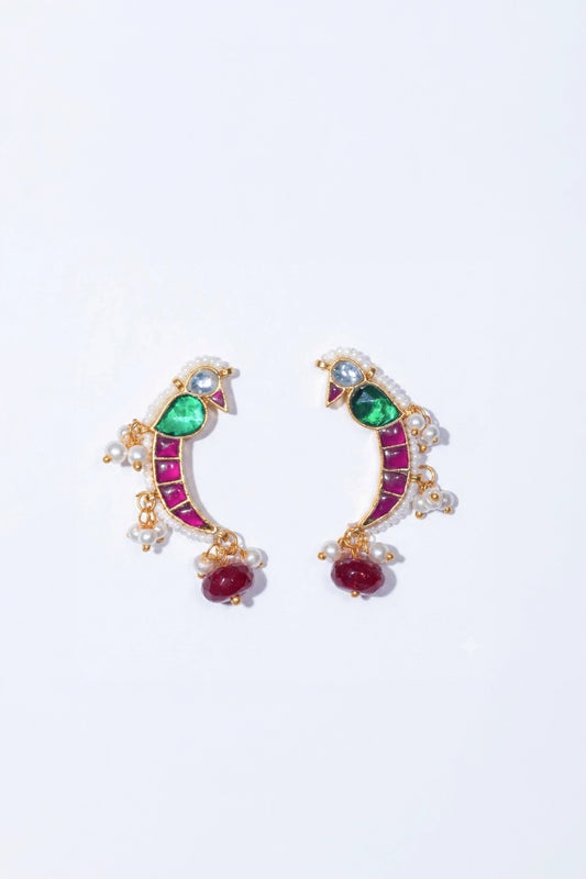 Gaurangi Mayna Red Shaped Polki With Semi-precious Stone With Basra Moti