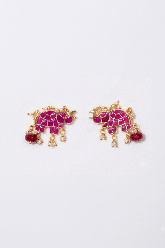 Radhika Haathi Shaped Pink Polki With Semi-precious Stone With Basra Moti