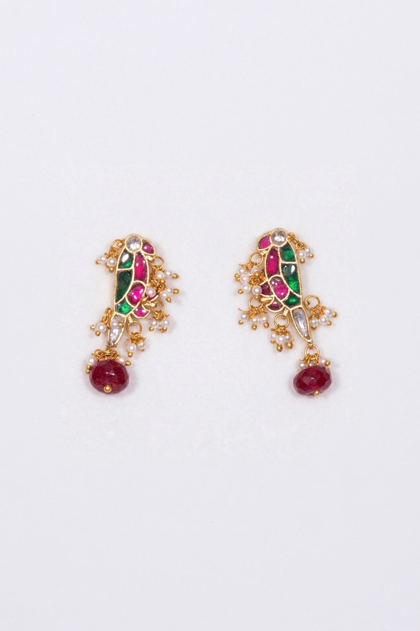 Vrunda Multicolored Mayna Shaped Polki With Semi-precious Stone With Basra Moti