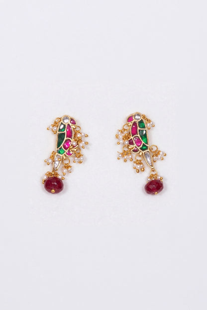 Vrunda Multicolored Mayna Shaped Polki With Semi-precious Stone With Basra Moti