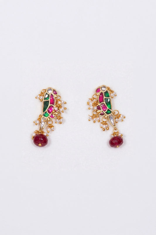 Vrunda Multicolored Mayna Shaped Polki With Semi-precious Stone With Basra Moti