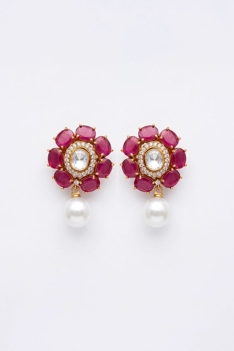 Suhani Rose Flower Polki With Single Moti Earrings