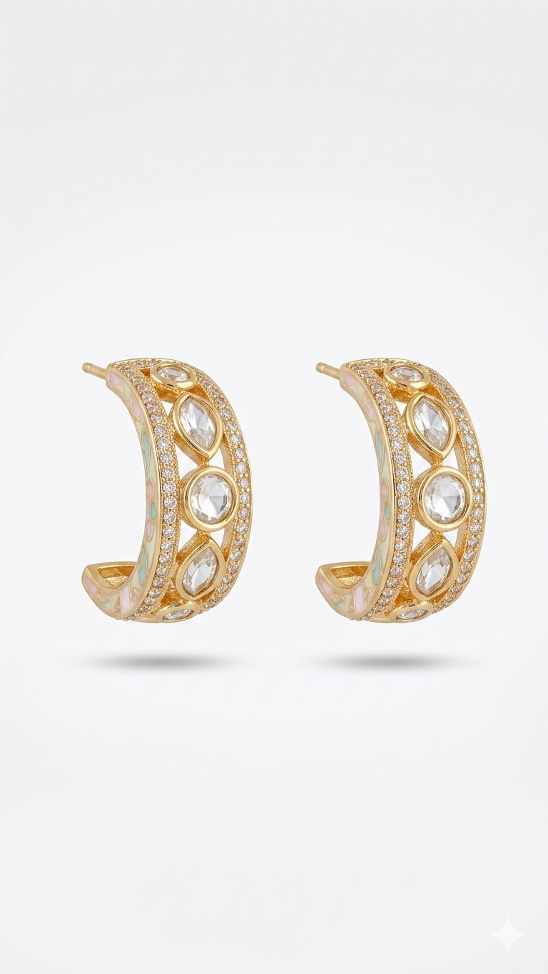 Pastel Meenakari & Crescent Polki Hoops
