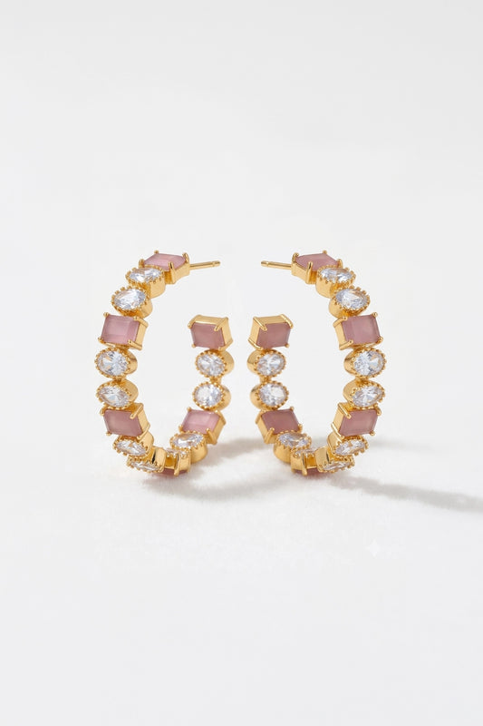 Arpita Pink Square Semi Precious Stone Hoop Earrings
