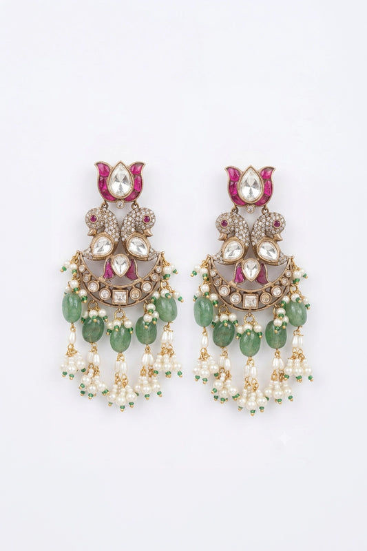Mukta Kundan Jhumka Green Basra Pearls Sp Polki Earrings