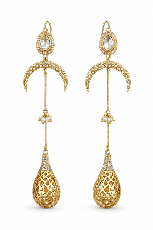 Celestial Crescent Filigree Drop Earrings